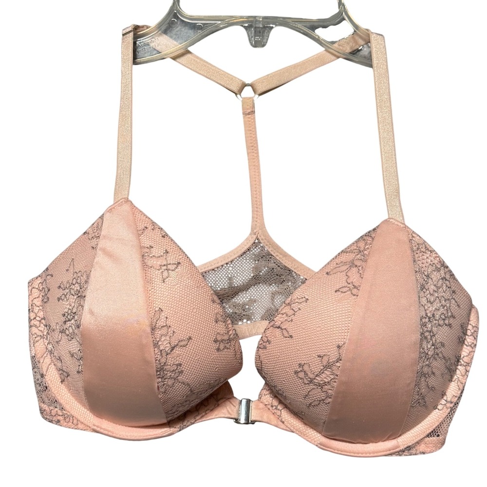 Victorias Secret Very Sexy Push-Up Bra 32D Peach ‎ Lace Satin T-Back Racerback